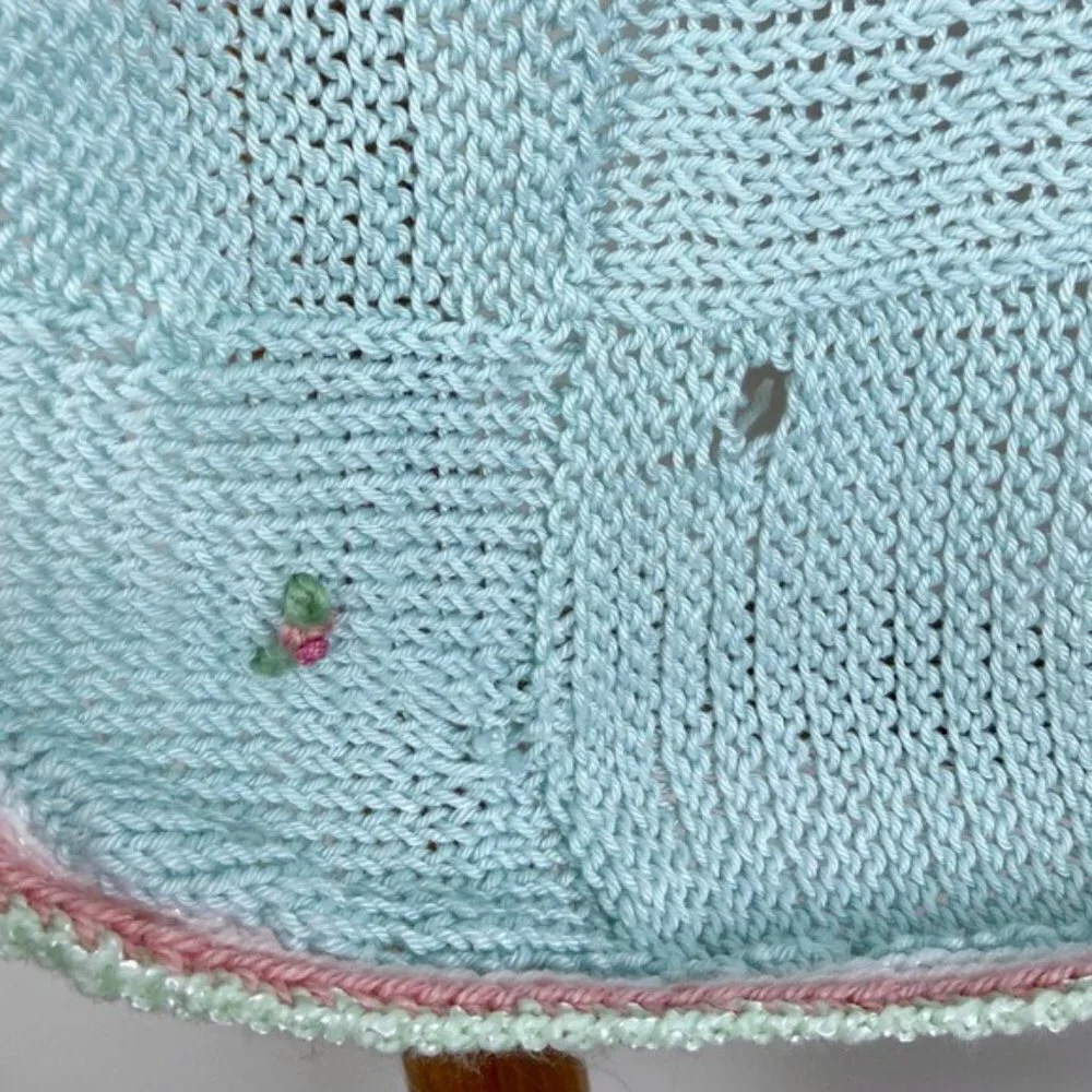 Vintage Blue Crochet Rosebud Handmade Blanket